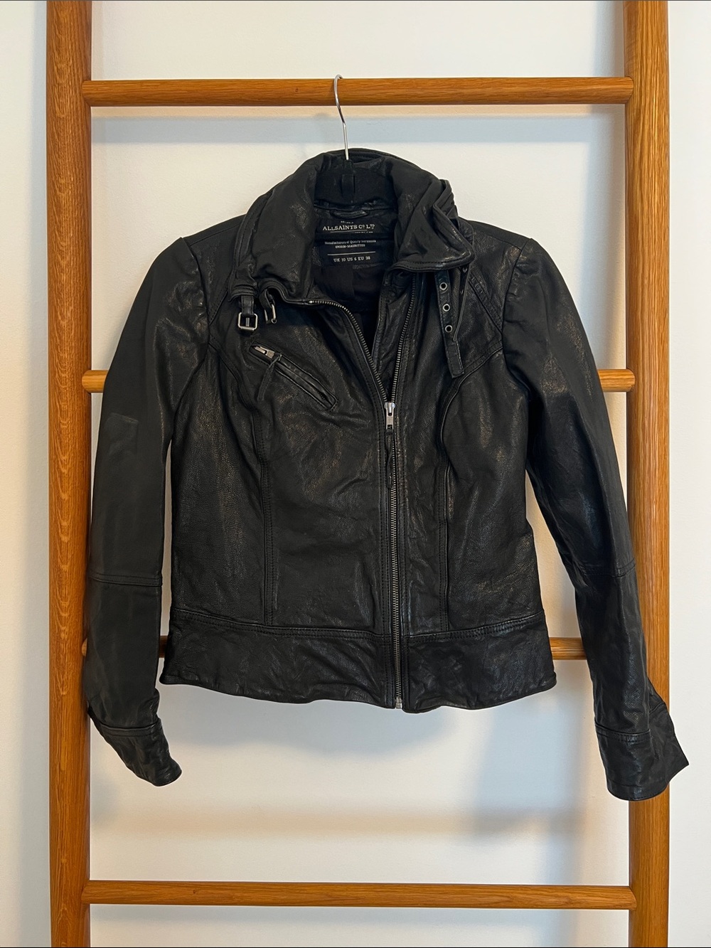 AllSaints Black Leather Buckle Collar Biker Jacket US 6 UK 10